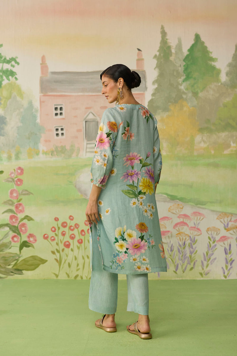Aqua Daisy Long Kurta Set Linen linen co-ord set by Nadiya Paar in blue for women in Singapore