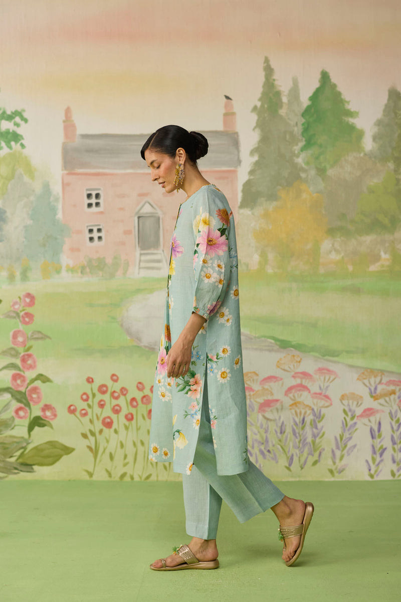 Aqua Daisy Long Kurta Set Linen linen co-ord set by Nadiya Paar in blue for women in Singapore