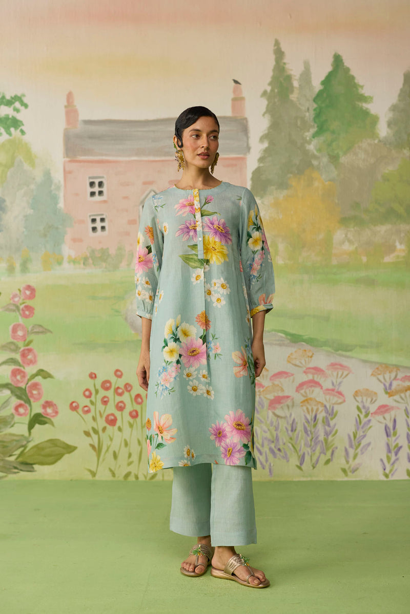 Aqua Daisy Long Kurta Set Linen linen co-ord set by Nadiya Paar in blue for women in Singapore
