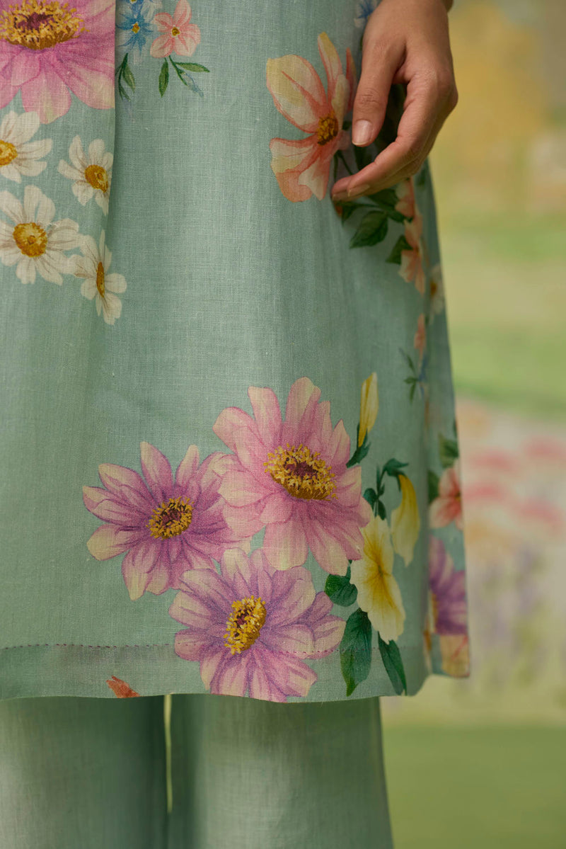 Aqua Daisy Long Kurta Set Linen linen co-ord set by Nadiya Paar in blue for women in Singapore