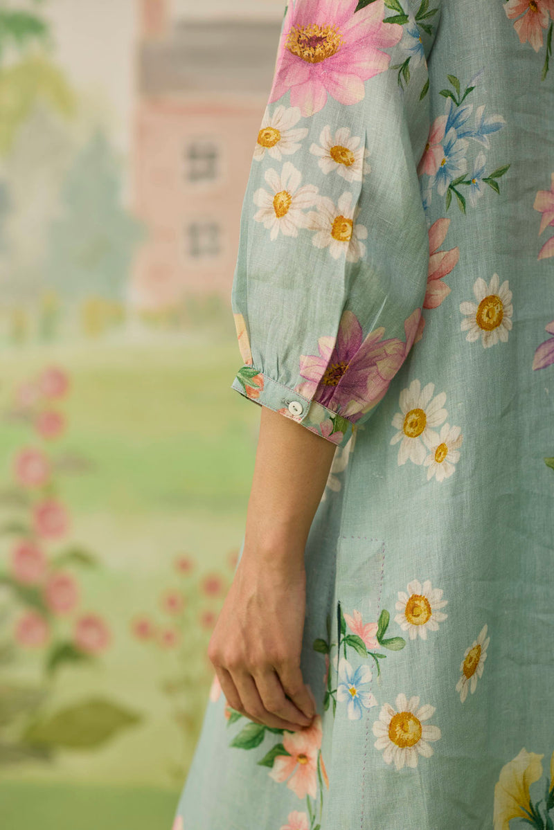 Aqua Daisy Long Kurta Set Linen linen co-ord set by Nadiya Paar in blue for women in Singapore