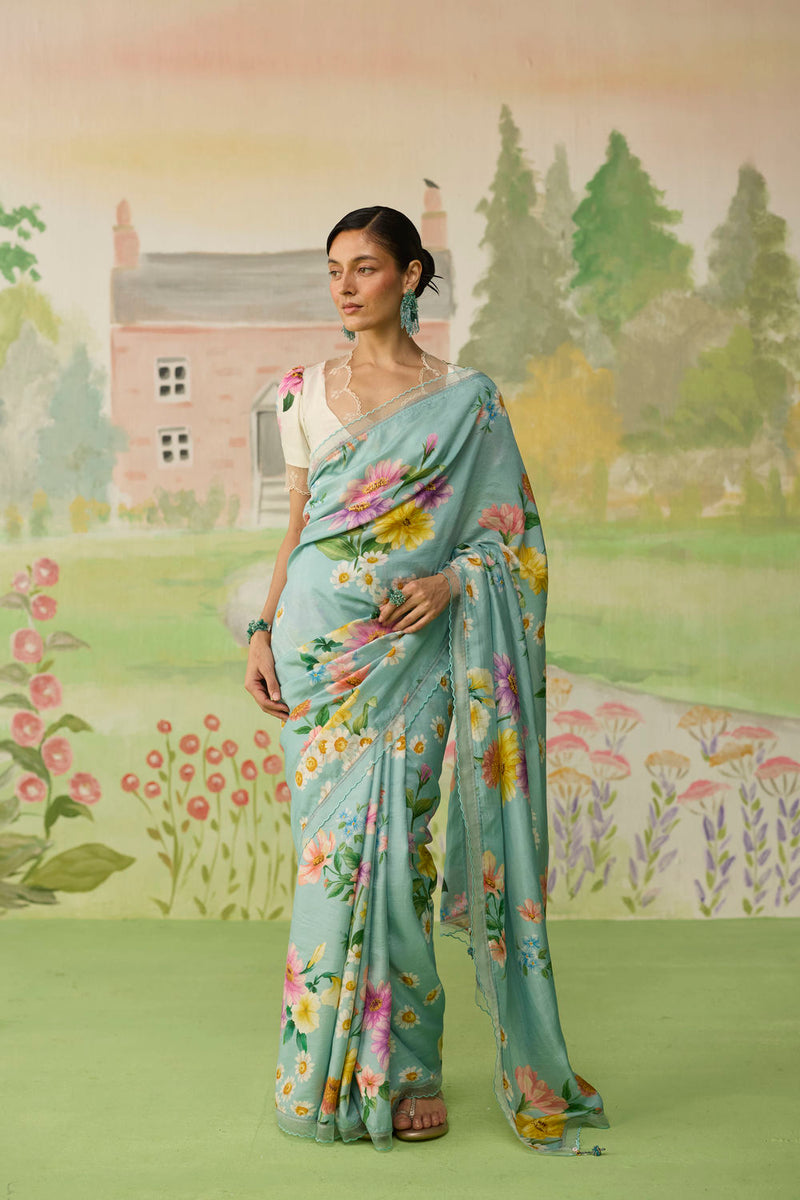 Aqua Daisy Mulberry Silk Sari silk saree by Nadiya Paar in blue for women in Singapore