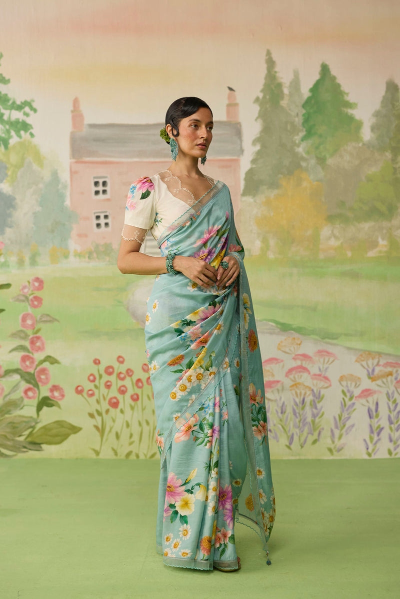 Aqua Daisy Mulberry Silk Sari silk saree by Nadiya Paar in blue for women in Singapore