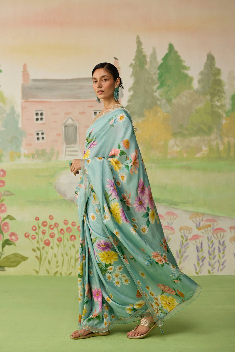 Aqua Daisy Mulberry Silk Sari silk saree by Nadiya Paar in blue for women in Singapore