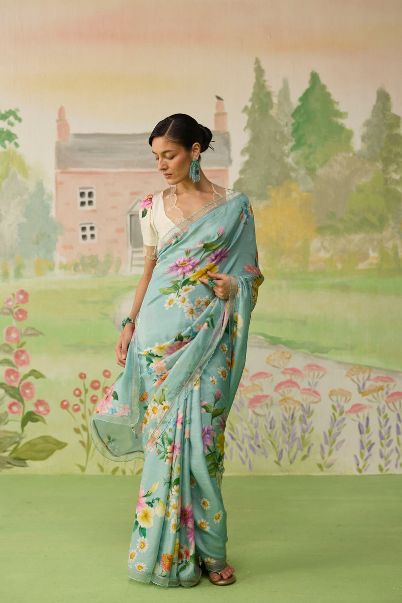Aqua Daisy Mulberry Silk Sari silk saree by Nadiya Paar in blue for women in Singapore
