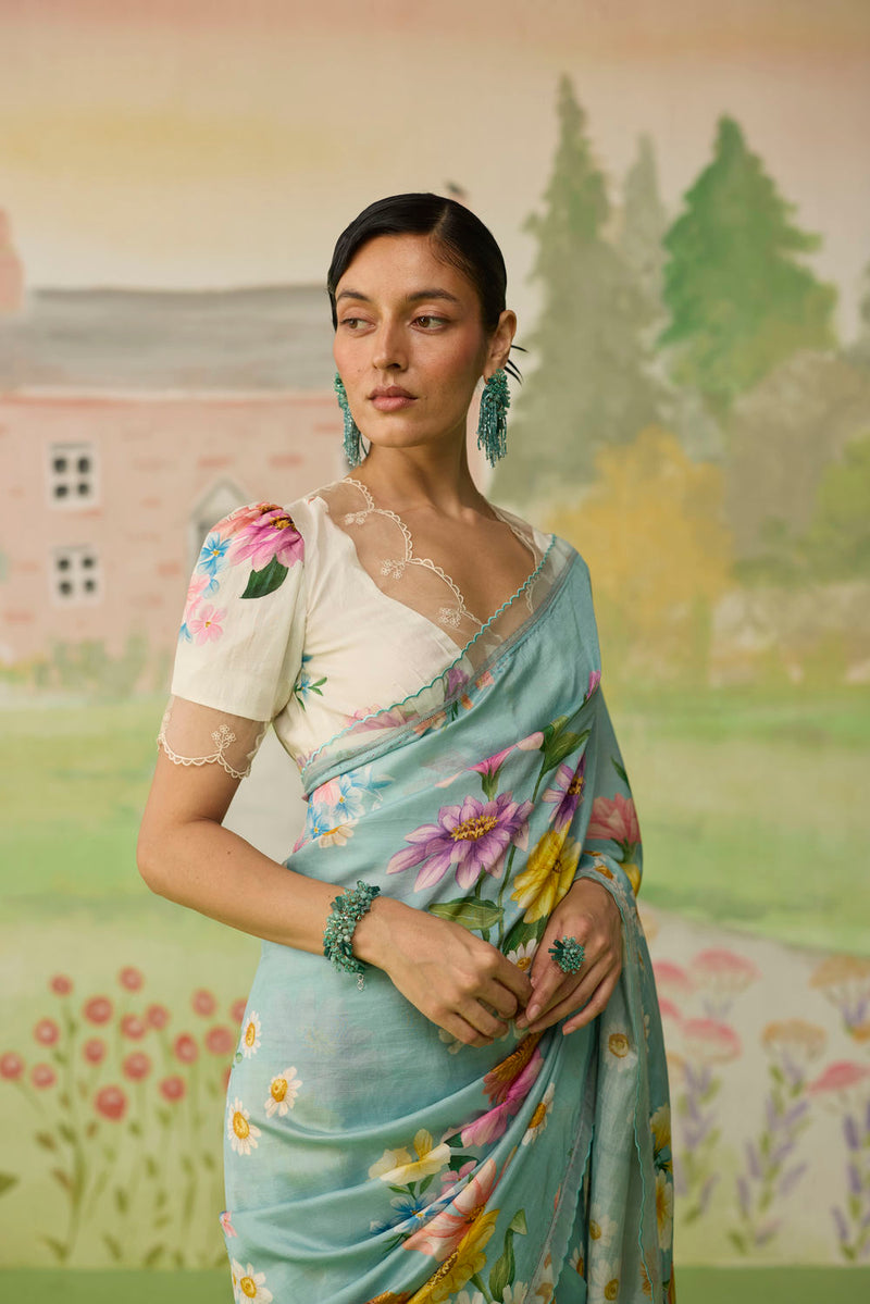 Aqua Daisy Mulberry Silk Sari silk saree by Nadiya Paar in blue for women in Singapore