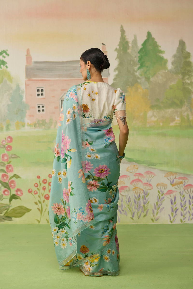 Aqua Daisy Mulberry Silk Sari silk saree by Nadiya Paar in blue for women in Singapore