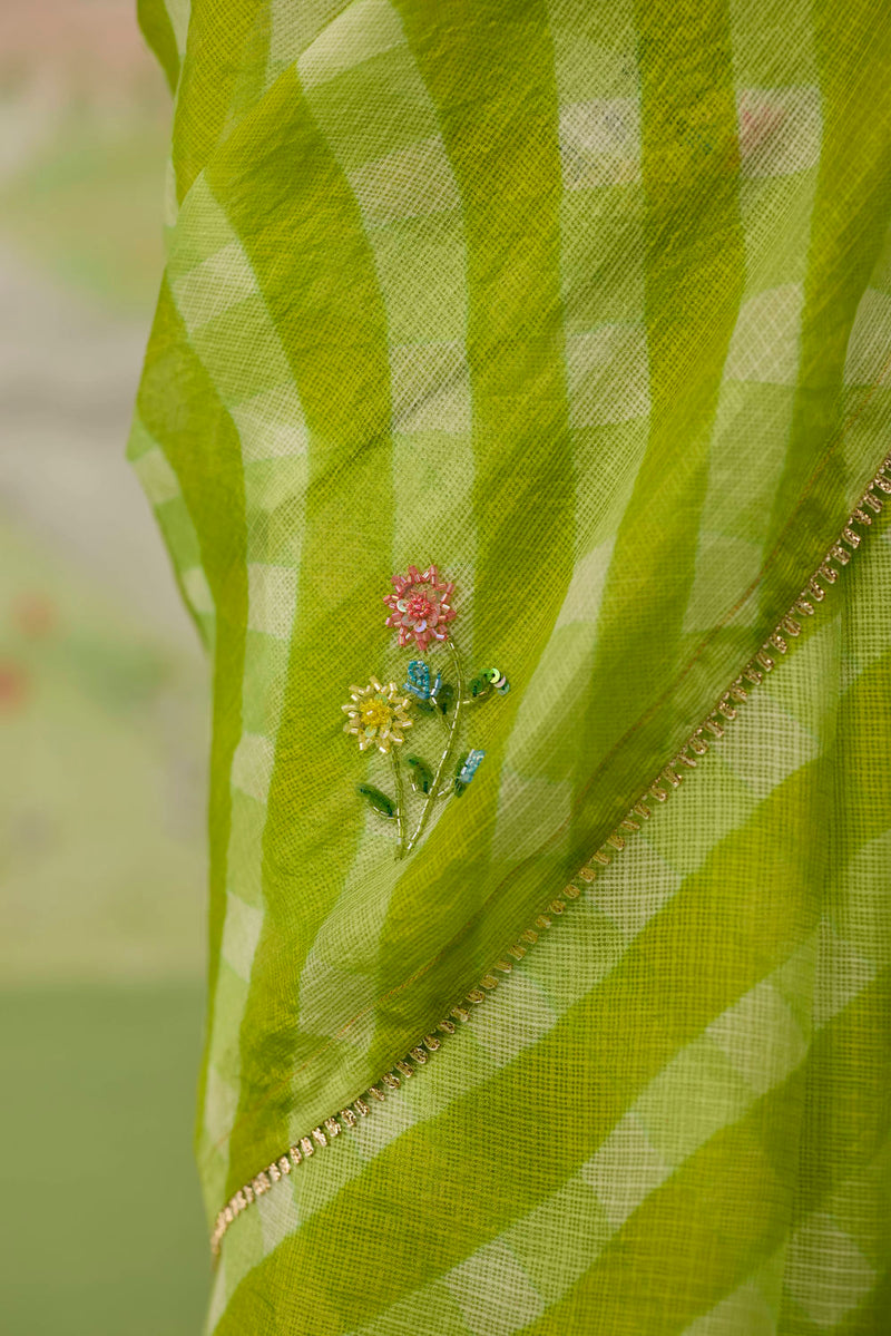 Trellis Green Kota Doria Silk Lehriya Mothra Sari silk saree by Nadiya Paar in green for women in Singapore