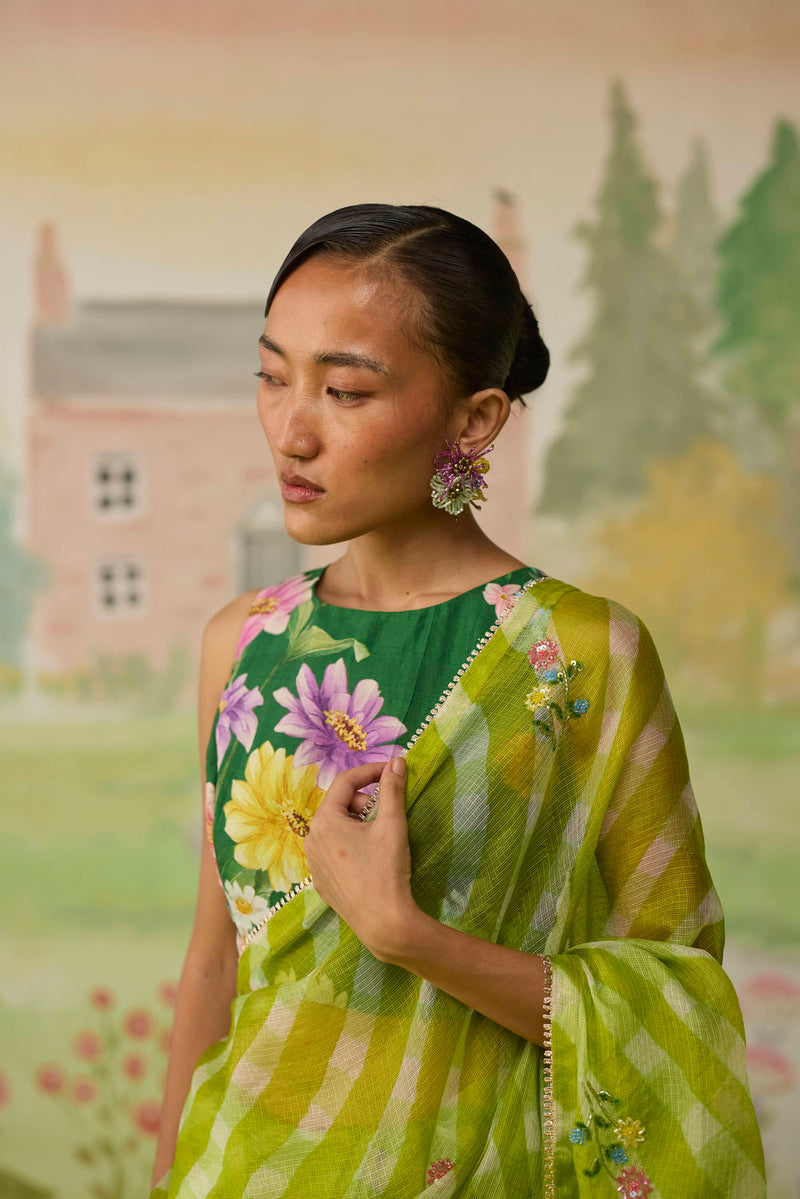 Trellis Green Kota Doria Silk Lehriya Mothra Sari silk saree by Nadiya Paar in green for women in Singapore