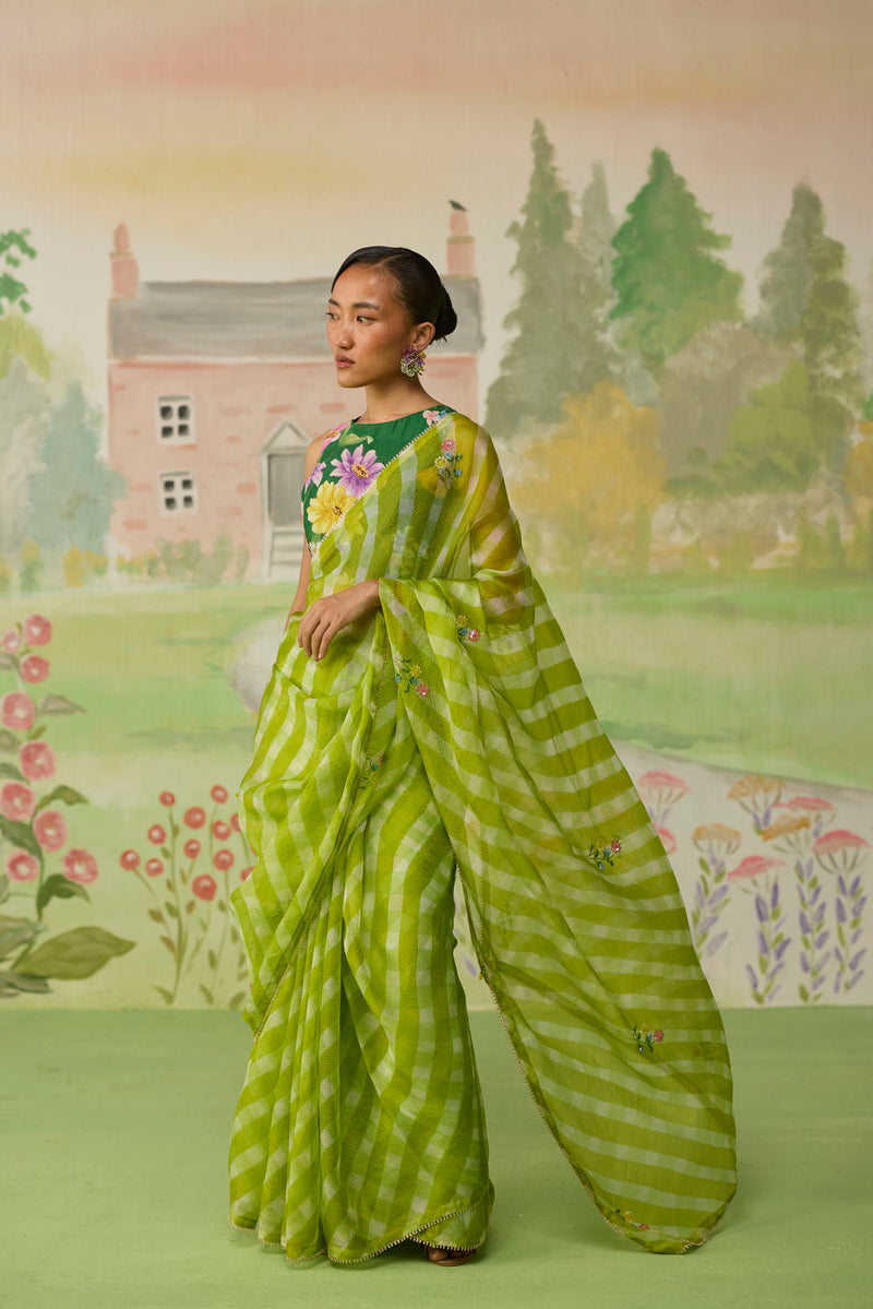 Trellis Green Kota Doria Silk Lehriya Mothra Sari silk saree by Nadiya Paar in green for women in Singapore