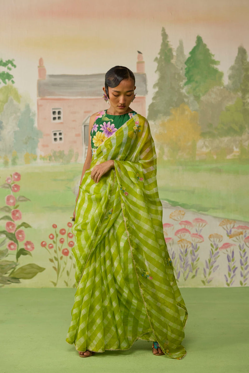 Trellis Green Kota Doria Silk Lehriya Mothra Sari silk saree by Nadiya Paar in green for women in Singapore
