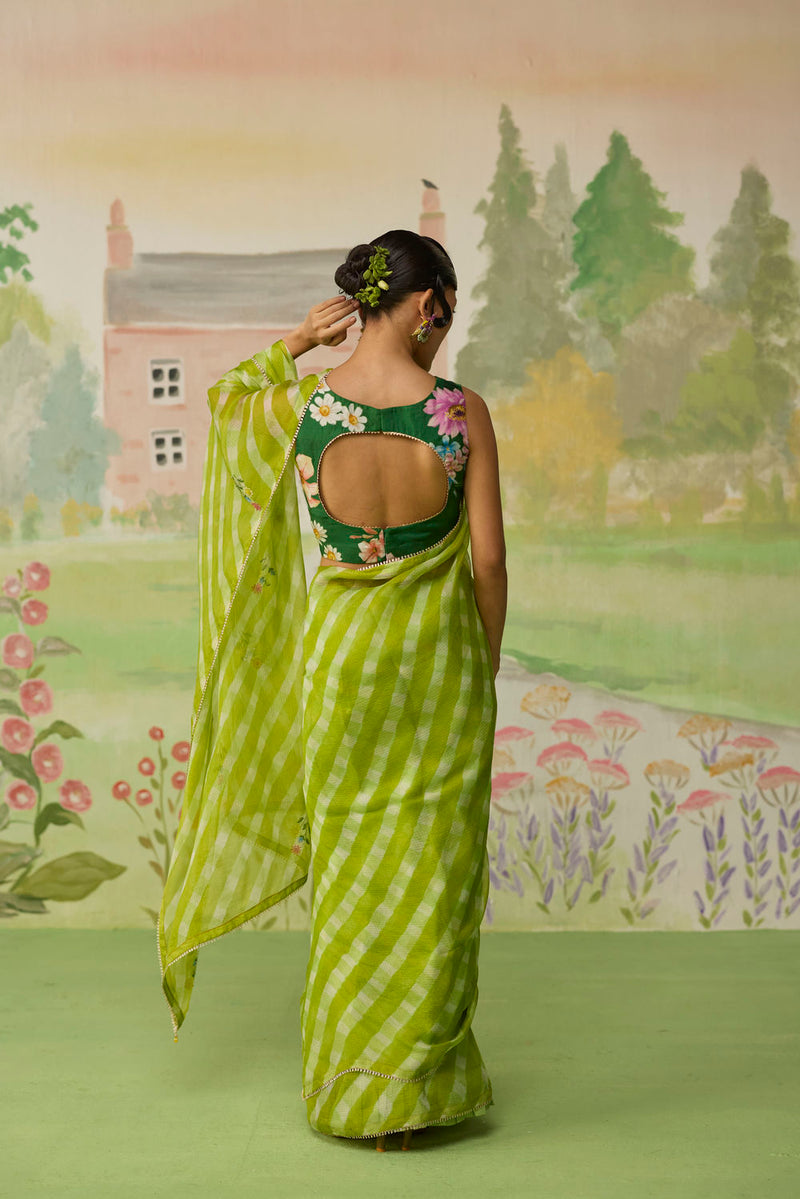 Trellis Green Kota Doria Silk Lehriya Mothra Sari silk saree by Nadiya Paar in green for women in Singapore