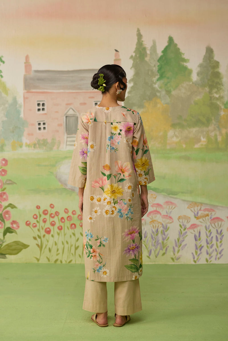 Sand Brown Daisy Long Kurta Set cotton co-ord set by Nadiya Paar in brown for women in Singapore
