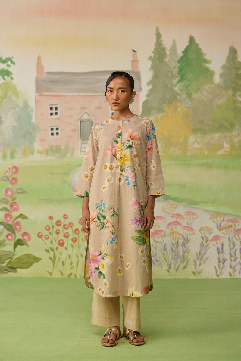Sand Brown Daisy Long Kurta Set cotton co-ord set by Nadiya Paar in brown for women in Singapore