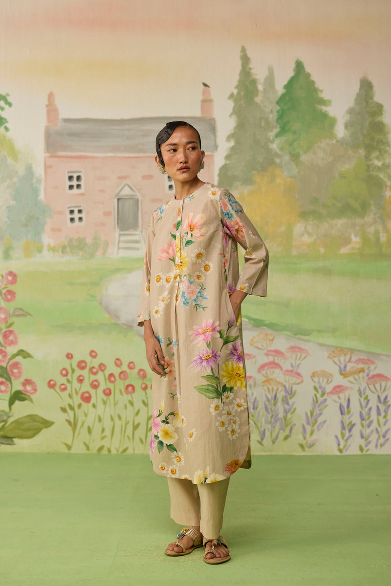 Sand Brown Daisy Long Kurta Set cotton co-ord set by Nadiya Paar in brown for women in Singapore
