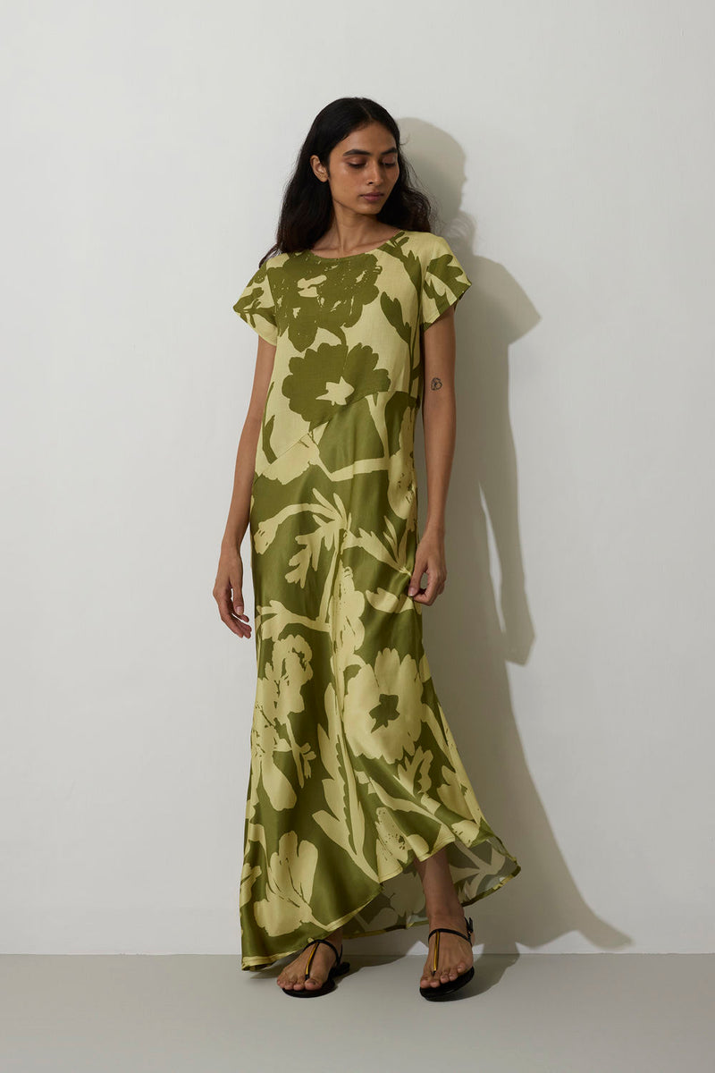 Marigold Two-Tone Dress-Olive linen dress by World of SiSa in olive for women in Singapore