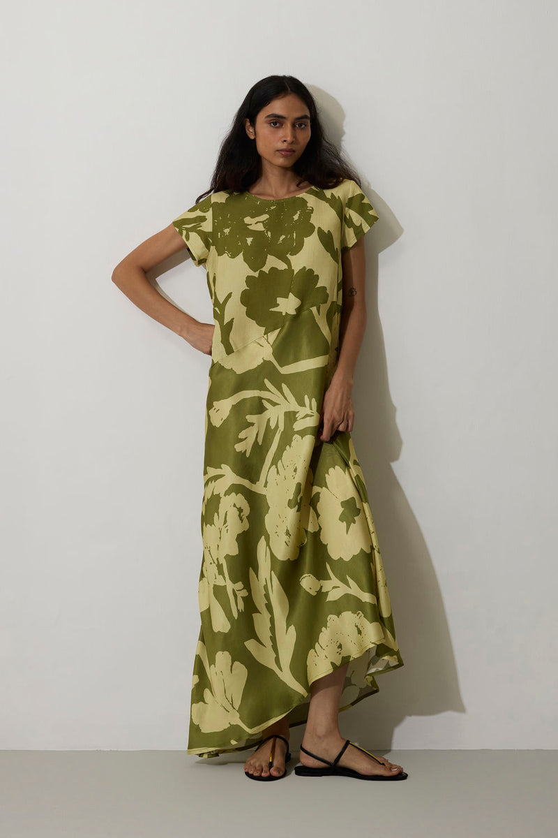Marigold Two-Tone Dress-Olive linen dress by World of SiSa in olive for women in Singapore