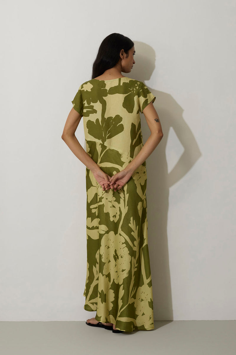 Marigold Two-Tone Dress-Olive linen dress by World of SiSa in olive for women in Singapore