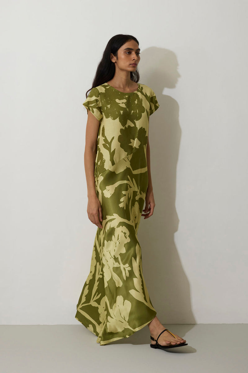 Marigold Two-Tone Dress-Olive linen dress by World of SiSa in olive for women in Singapore