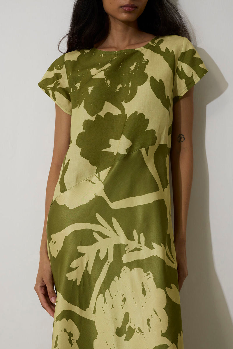 Marigold Two-Tone Dress-Olive linen dress by World of SiSa in olive for women in Singapore