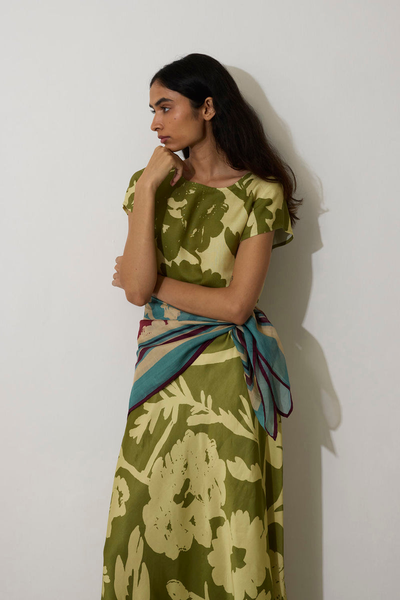 Marigold Two-Tone Dress-Olive linen dress by World of SiSa in olive for women in Singapore