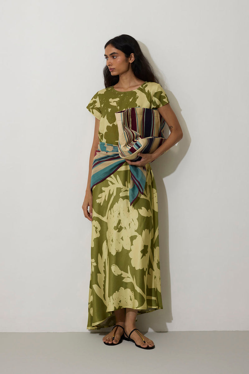Marigold Two-Tone Dress-Olive linen dress by World of SiSa in olive for women in Singapore