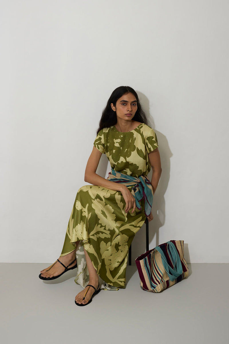 Marigold Two-Tone Dress-Olive linen dress by World of SiSa in olive for women in Singapore