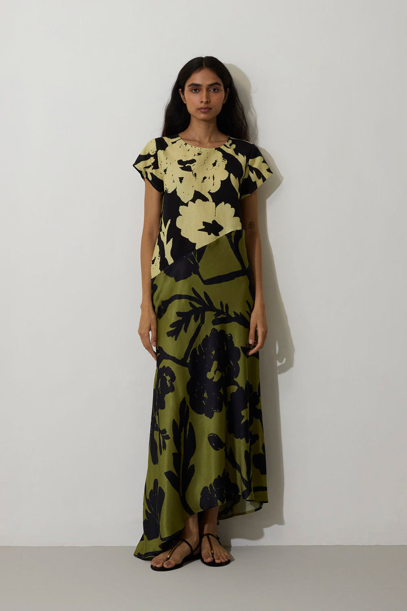 Marigold Two-Tone Dress-Charcoal linen dress by World of SiSa in charcoal for women in Singapore