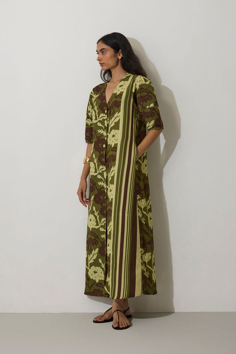 Stripe Marigold Dress-Olive linen dress by World of SiSa in olive for women in Singapore