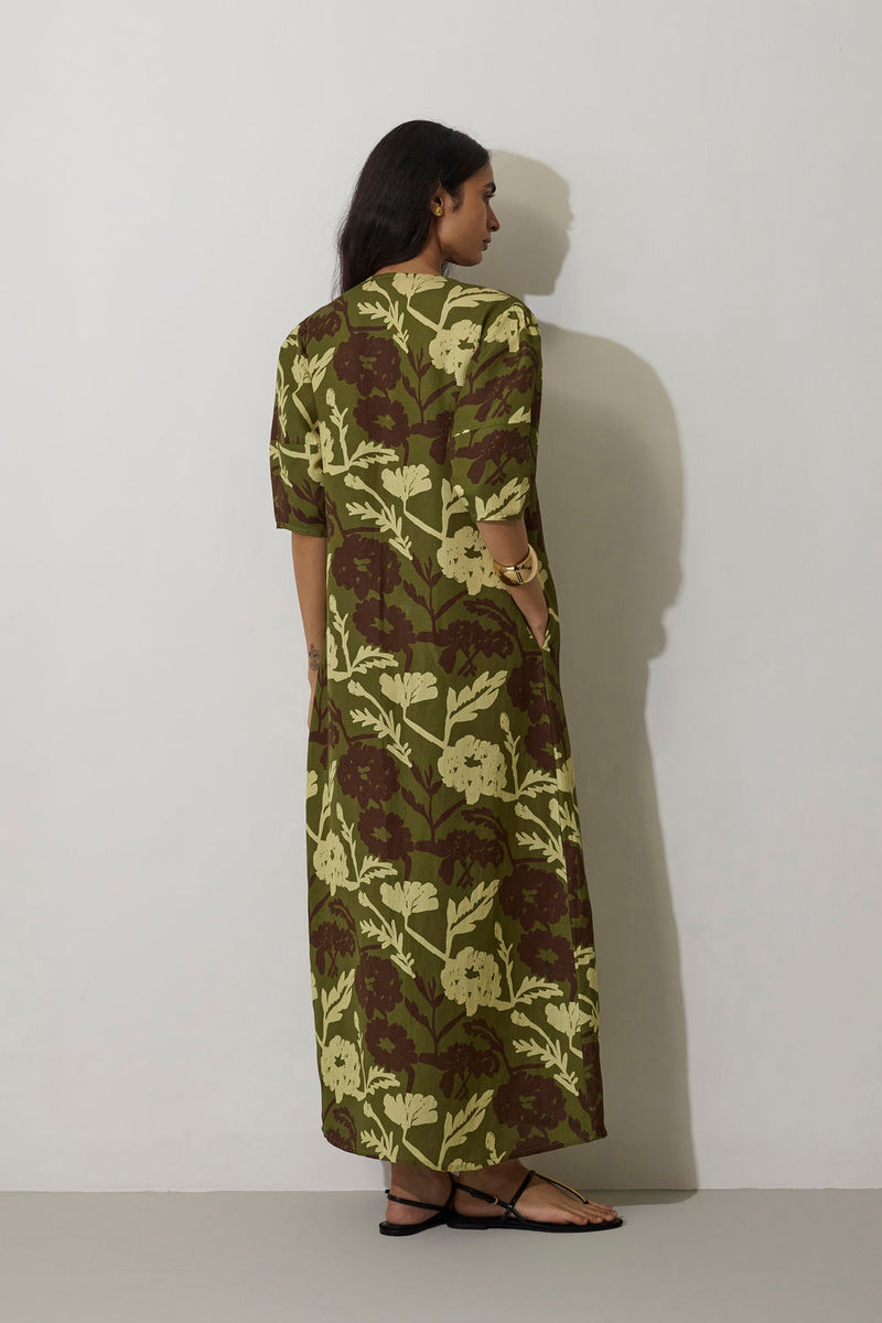 Stripe Marigold Dress-Olive linen dress by World of SiSa in olive for women in Singapore