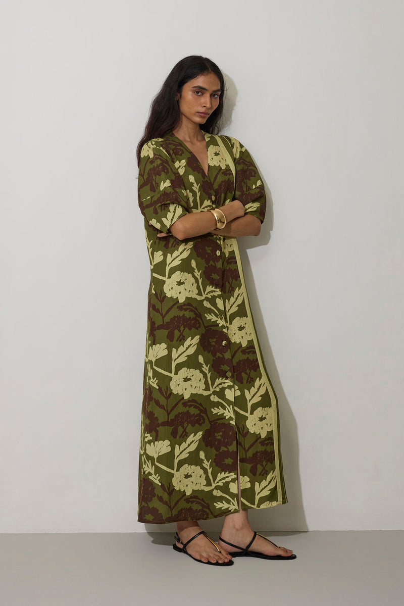 Stripe Marigold Dress-Olive linen dress by World of SiSa in olive for women in Singapore