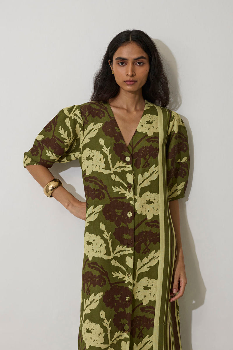Stripe Marigold Dress-Olive linen dress by World of SiSa in olive for women in Singapore