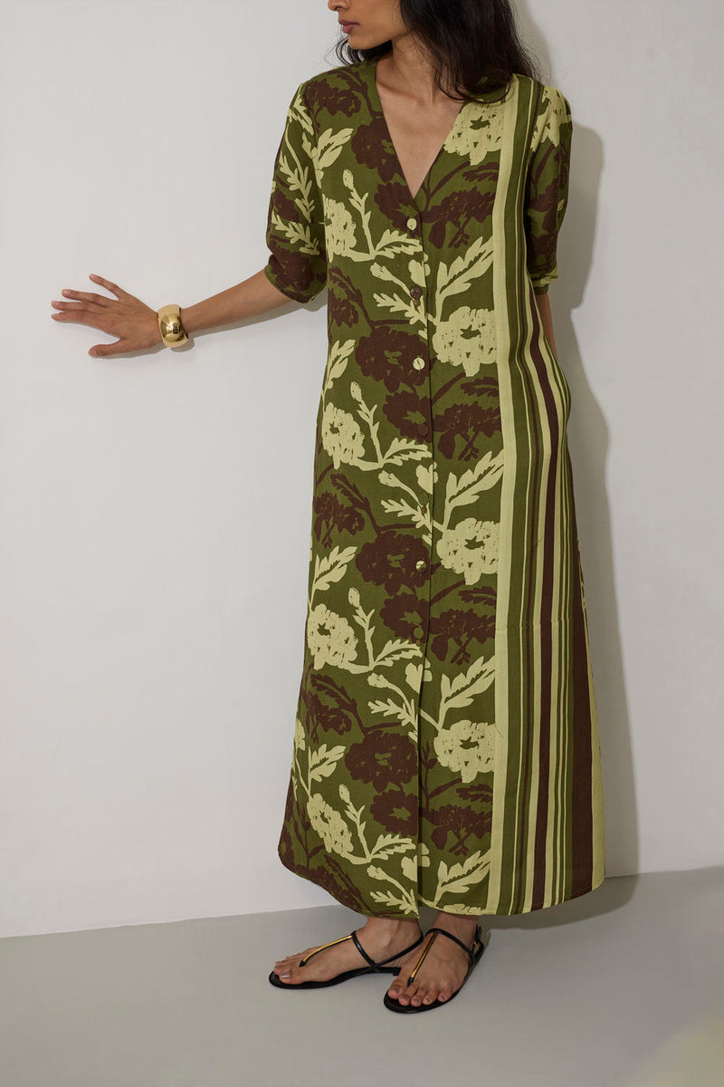 Stripe Marigold Dress-Olive linen dress by World of SiSa in olive for women in Singapore