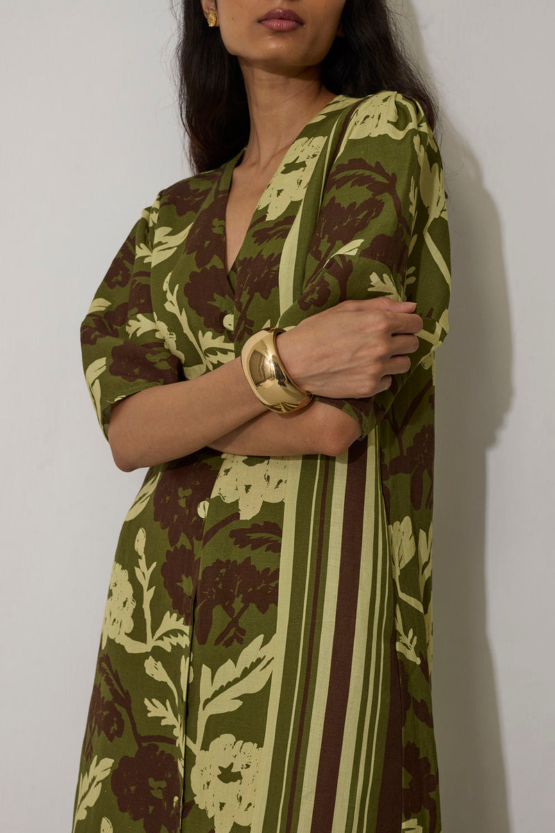 Stripe Marigold Dress-Olive linen dress by World of SiSa in olive for women in Singapore