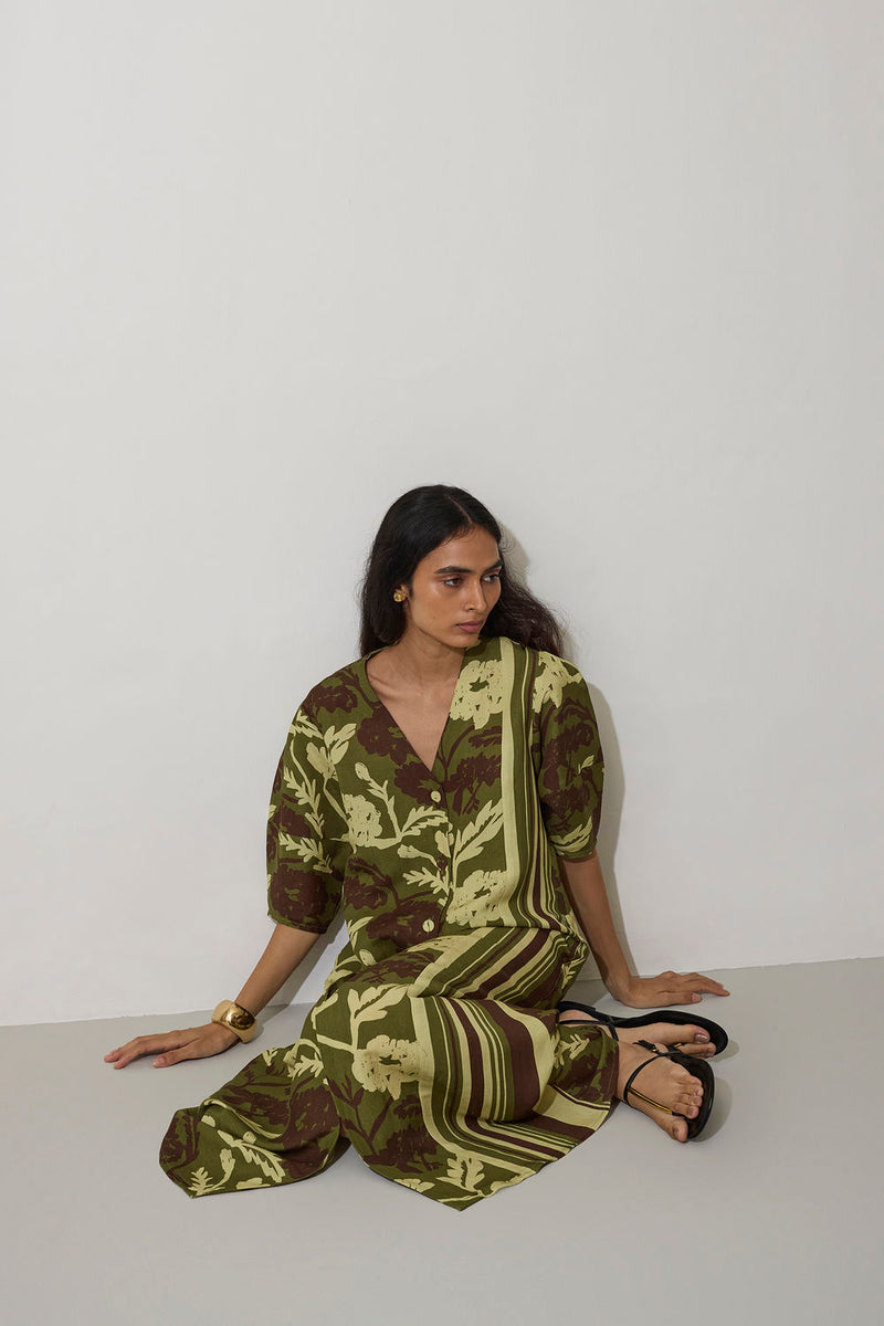 Stripe Marigold Dress-Olive linen dress by World of SiSa in olive for women in Singapore