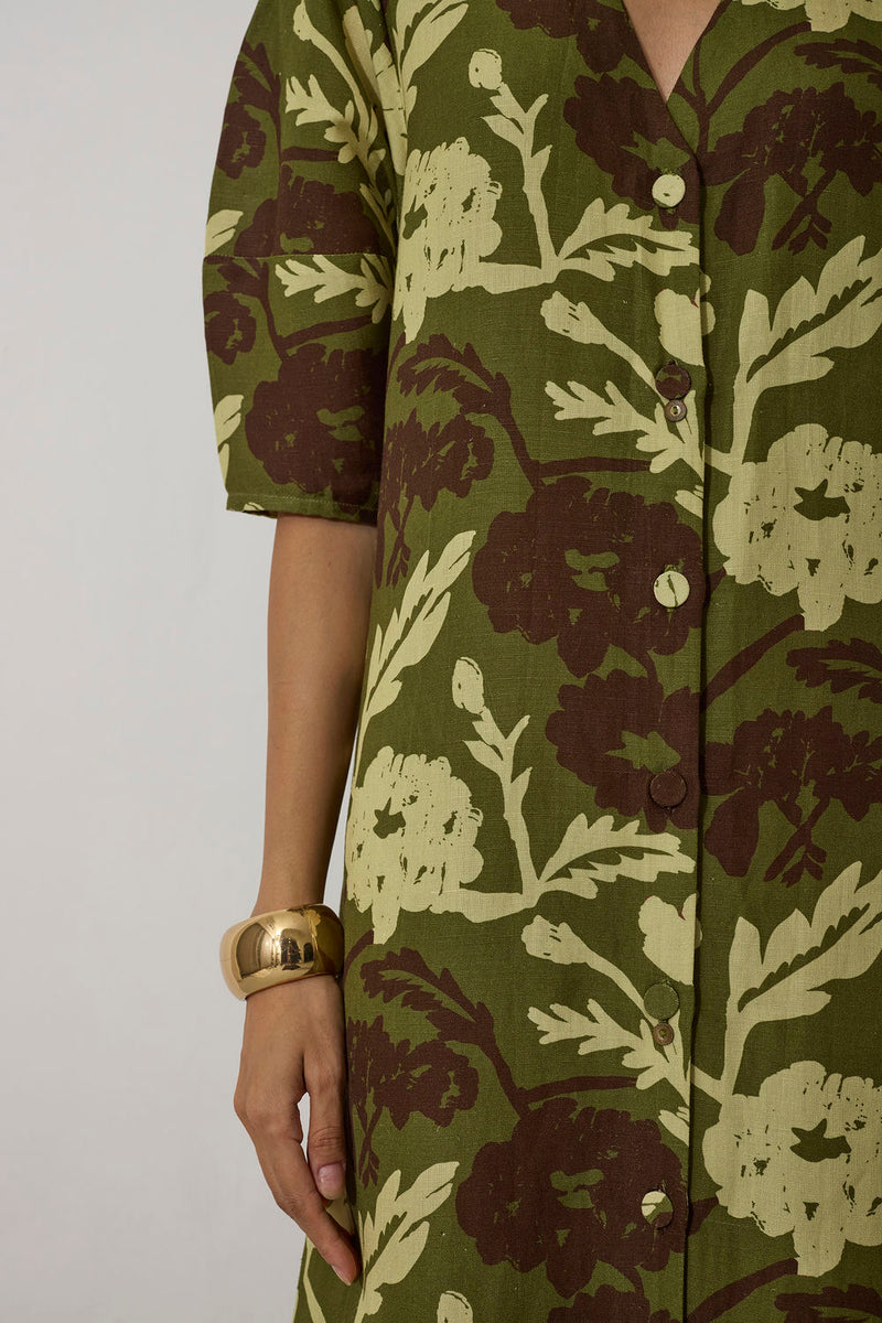 Stripe Marigold Dress-Olive linen dress by World of SiSa in olive for women in Singapore