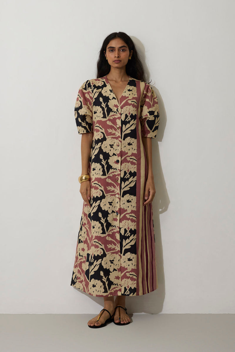 Stripe Marigold Dress-Pink linen dress by World of SiSa in pink for women in Singapore