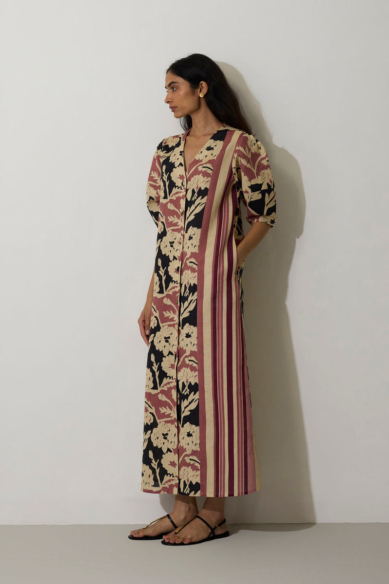 Stripe Marigold Dress-Pink linen dress by World of SiSa in pink for women in Singapore