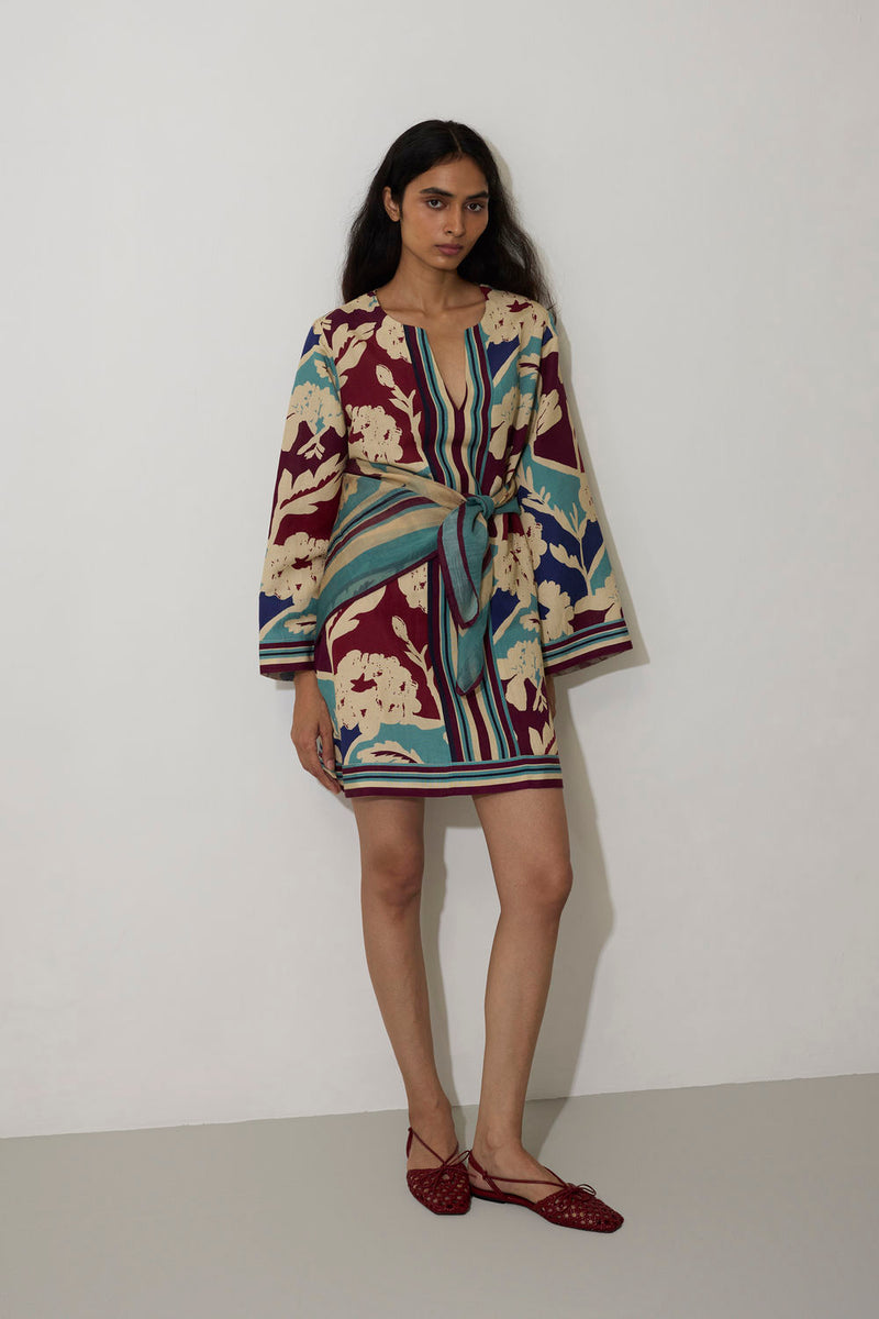 Marigold Stripe Shift Dress-Sky linen dress by World of SiSa in blue for women in Singapore