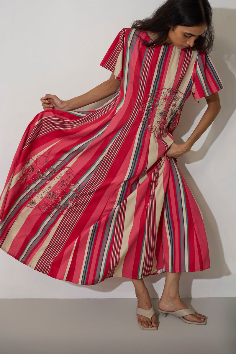 Stripe Panelled Drift Dress cotton dress by World of SiSa in pink for women in Singapore