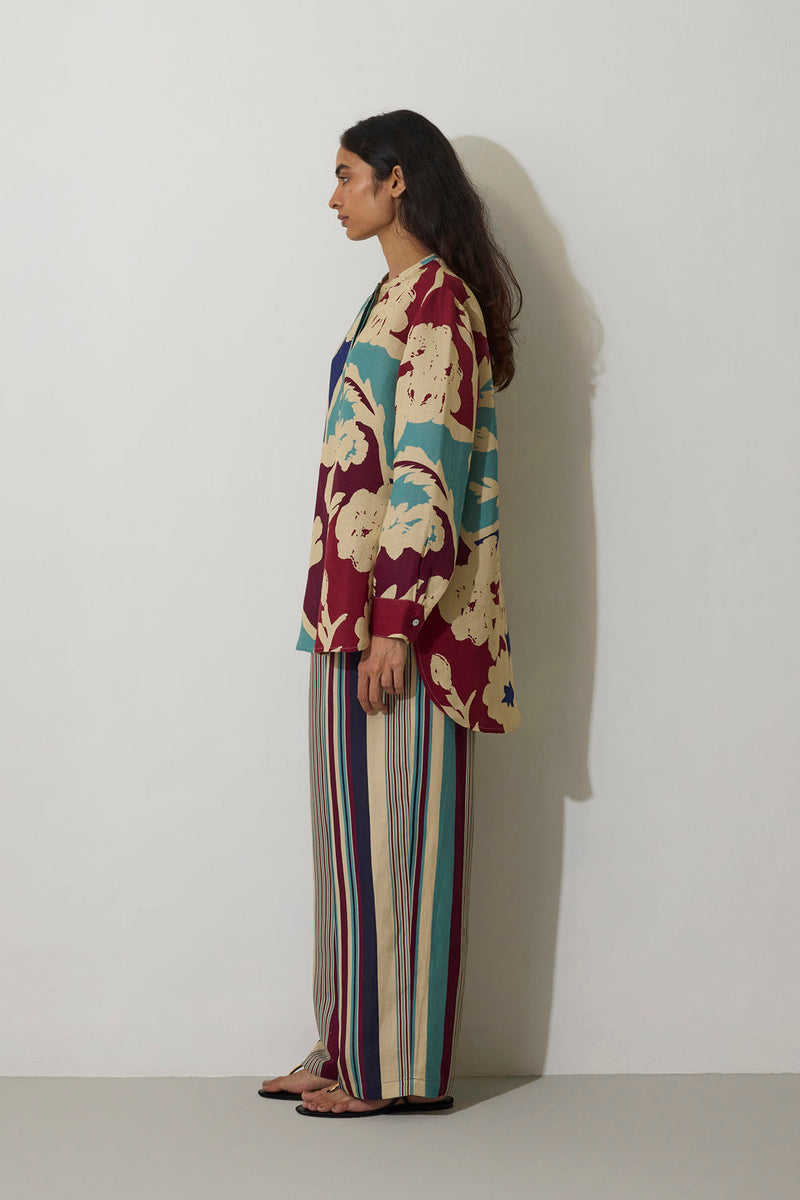 Stripe Marigold Top-Blue linen top/shirt by World of SiSa in blue for women in Singapore