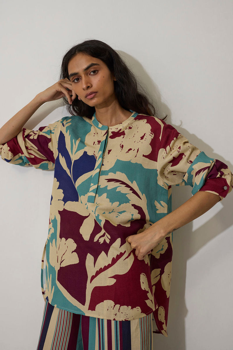 Stripe Marigold Set-Blue linen co-ord set by World of SiSa in blue for women in Singapore