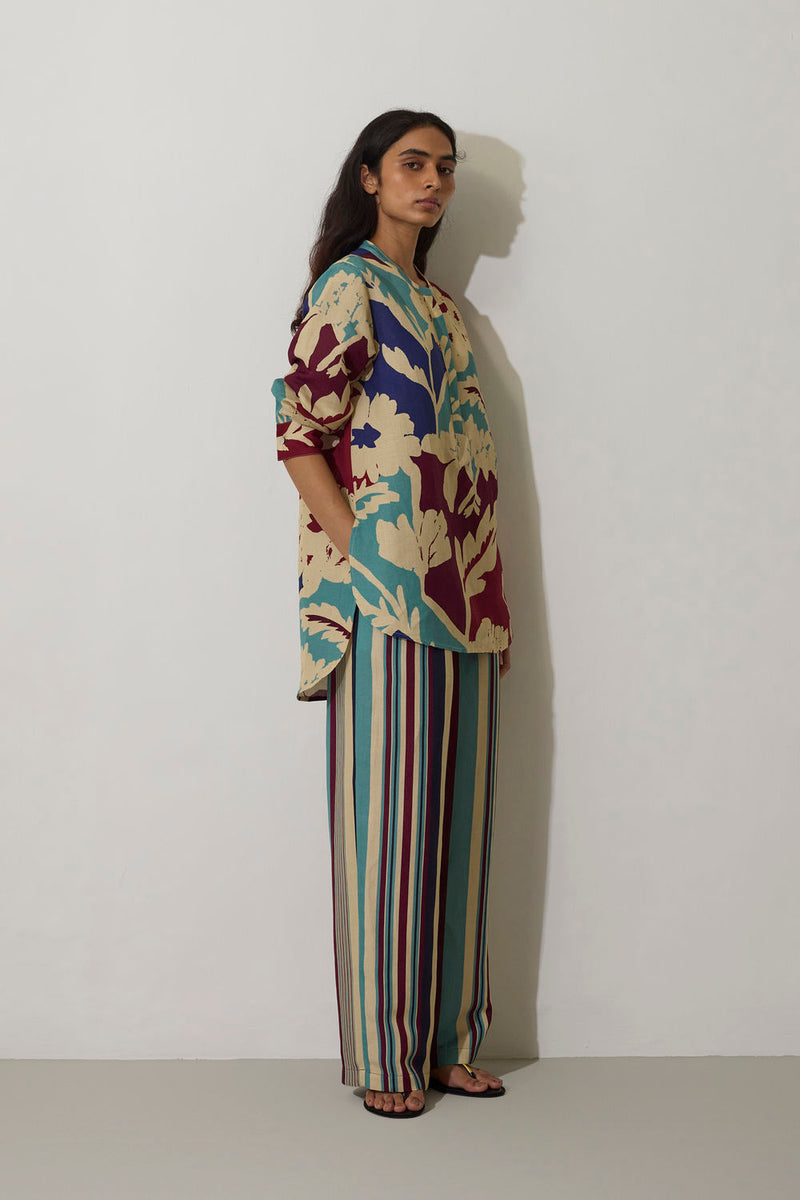 Stripe Marigold Set-Blue linen co-ord set by World of SiSa in blue for women in Singapore