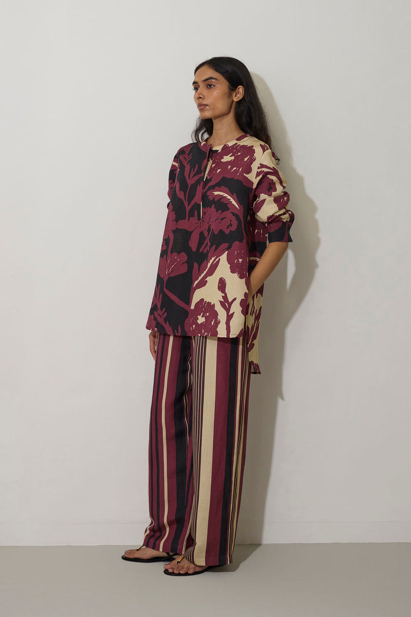 Stripe Marigold Set-Purple linen co-ord set by World of SiSa in purple for women in Singapore