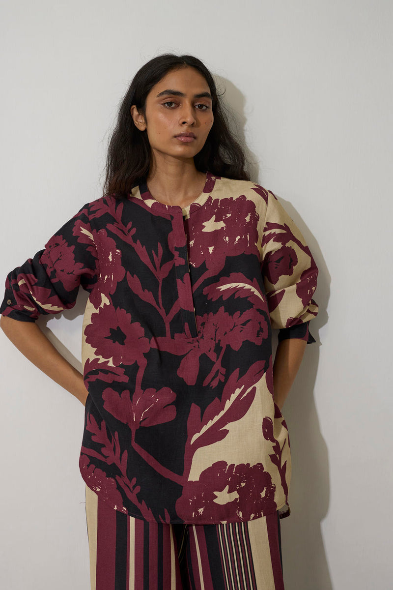 Stripe Marigold Top-Purple linen top/shirt by World of SiSa in purple for women in Singapore