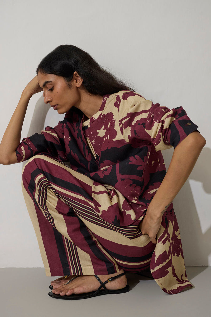 Stripe Marigold Set-Purple linen co-ord set by World of SiSa in purple for women in Singapore