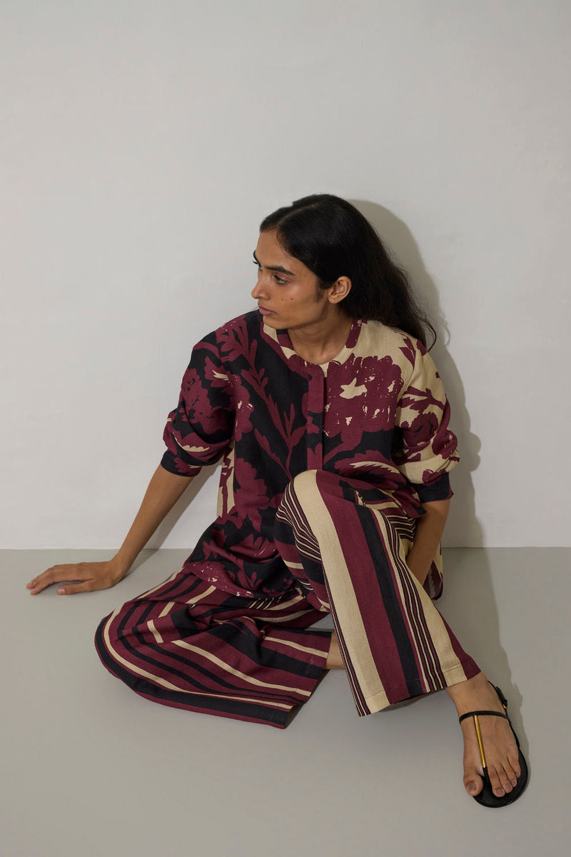 Stripe Marigold Set-Purple linen co-ord set by World of SiSa in purple for women in Singapore