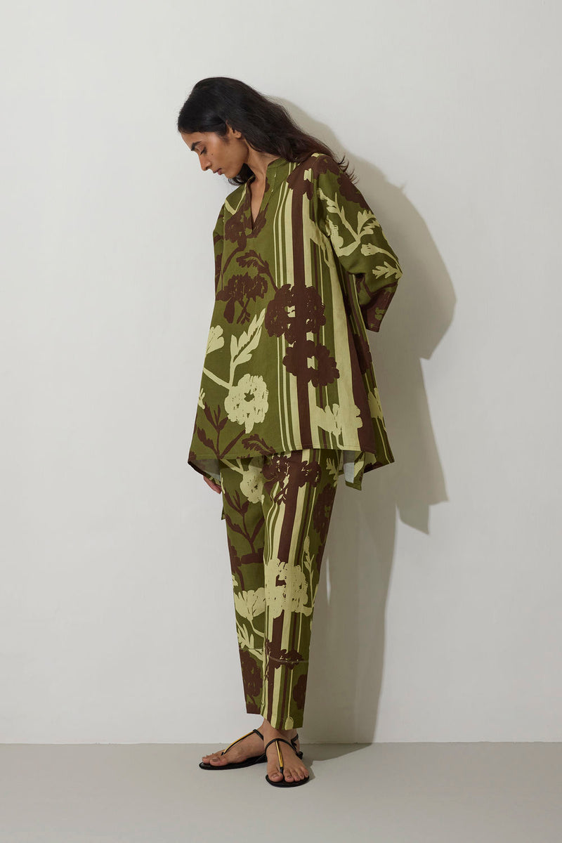 Marigold Overgrowth Set-Olive linen co-ord set by World of SiSa in olive for women in Singapore