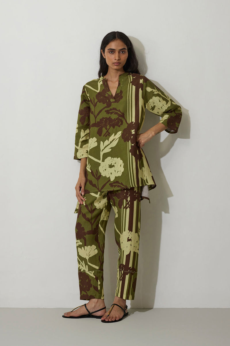 Marigold Overgrowth Set-Olive linen co-ord set by World of SiSa in olive for women in Singapore