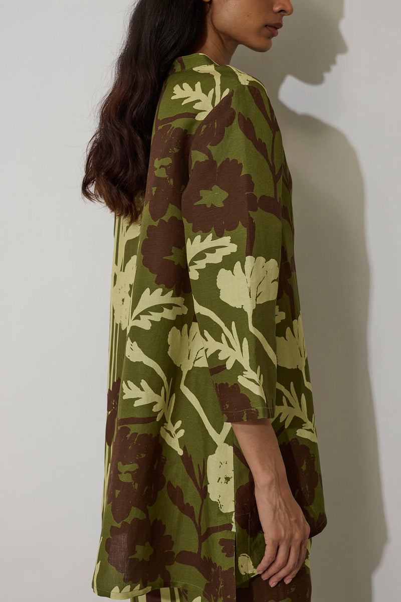 Marigold Overgrowth Set-Olive linen co-ord set by World of SiSa in olive for women in Singapore